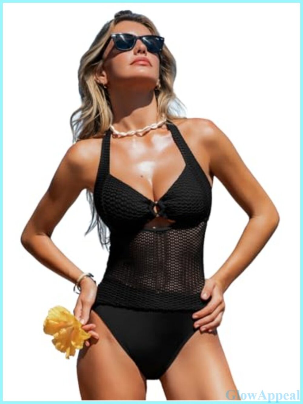 Women's High Waisted Tankini Set Halter Two Piece Swimsuit Mesh